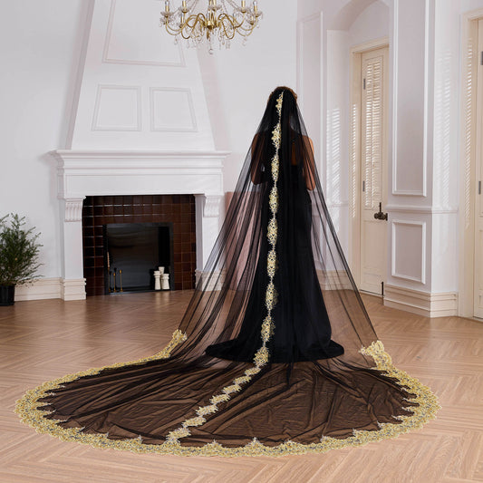 Back view of 118 inch black cathedral veil with gold center lace in elegant room Nicola Xu Atelier