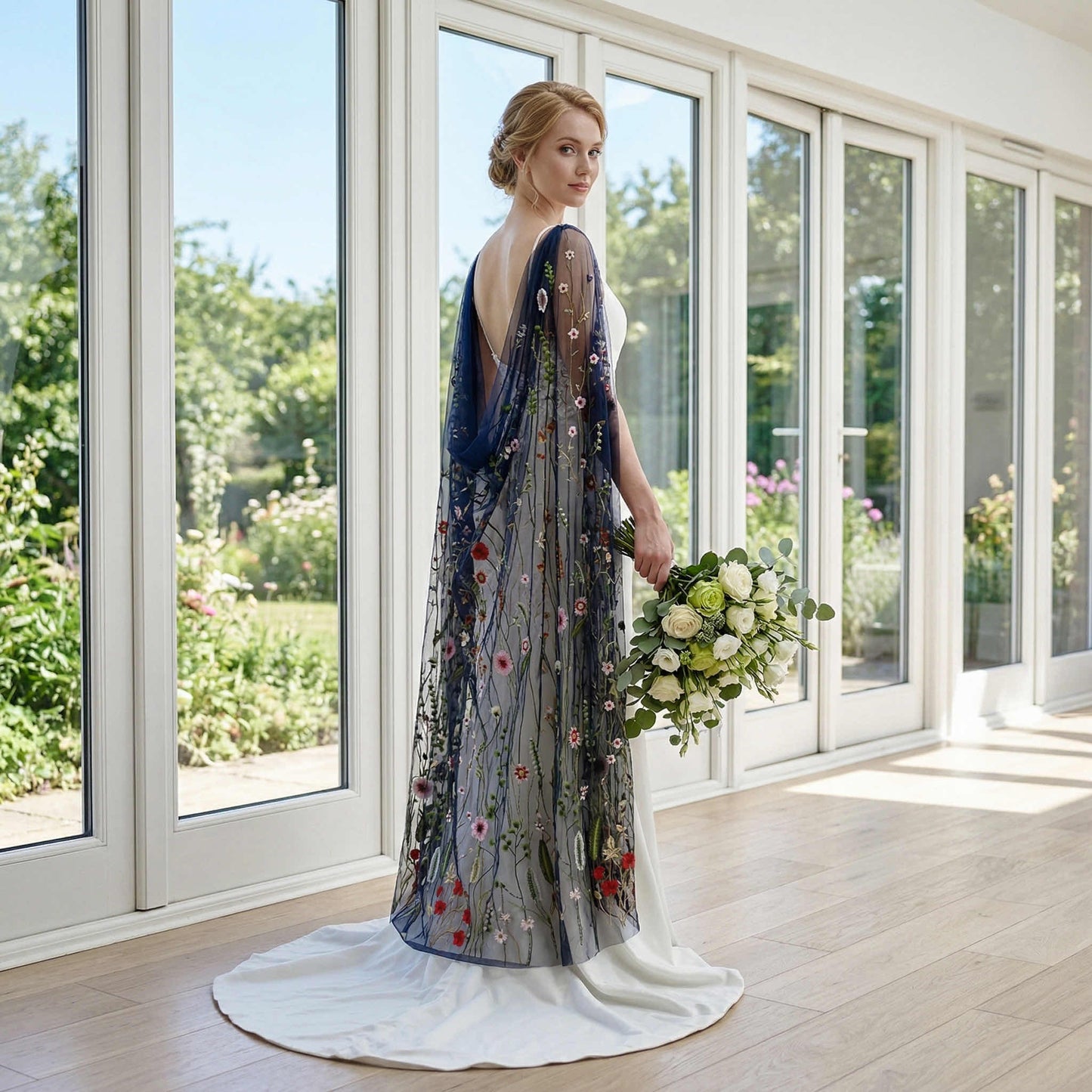 Bride looking over shoulder wearing a navy blue Watteau veil with colorful floral embroidery.