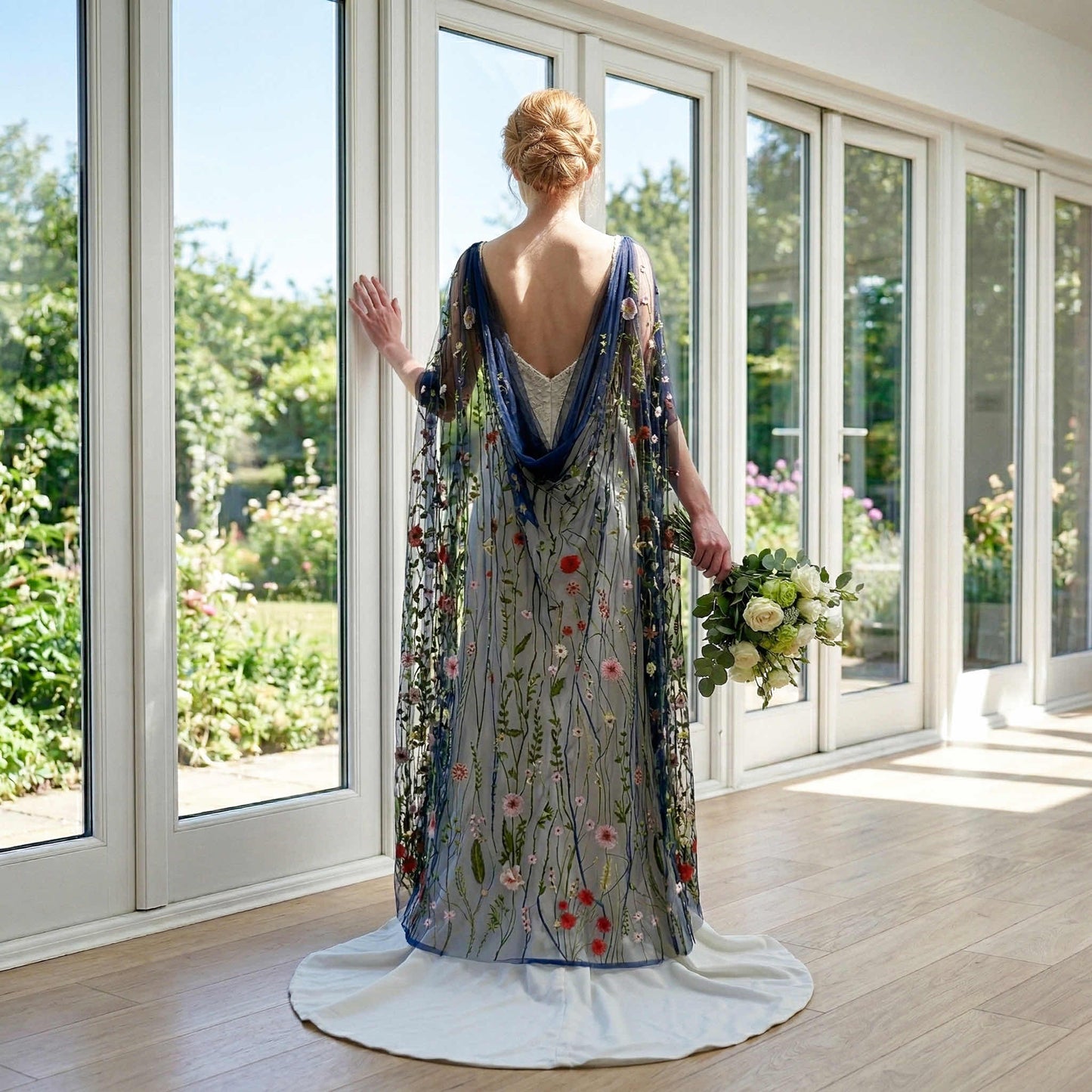 Bride standing by a window viewed from behind showcasing an ankle-length dark embroidered botanical veil.