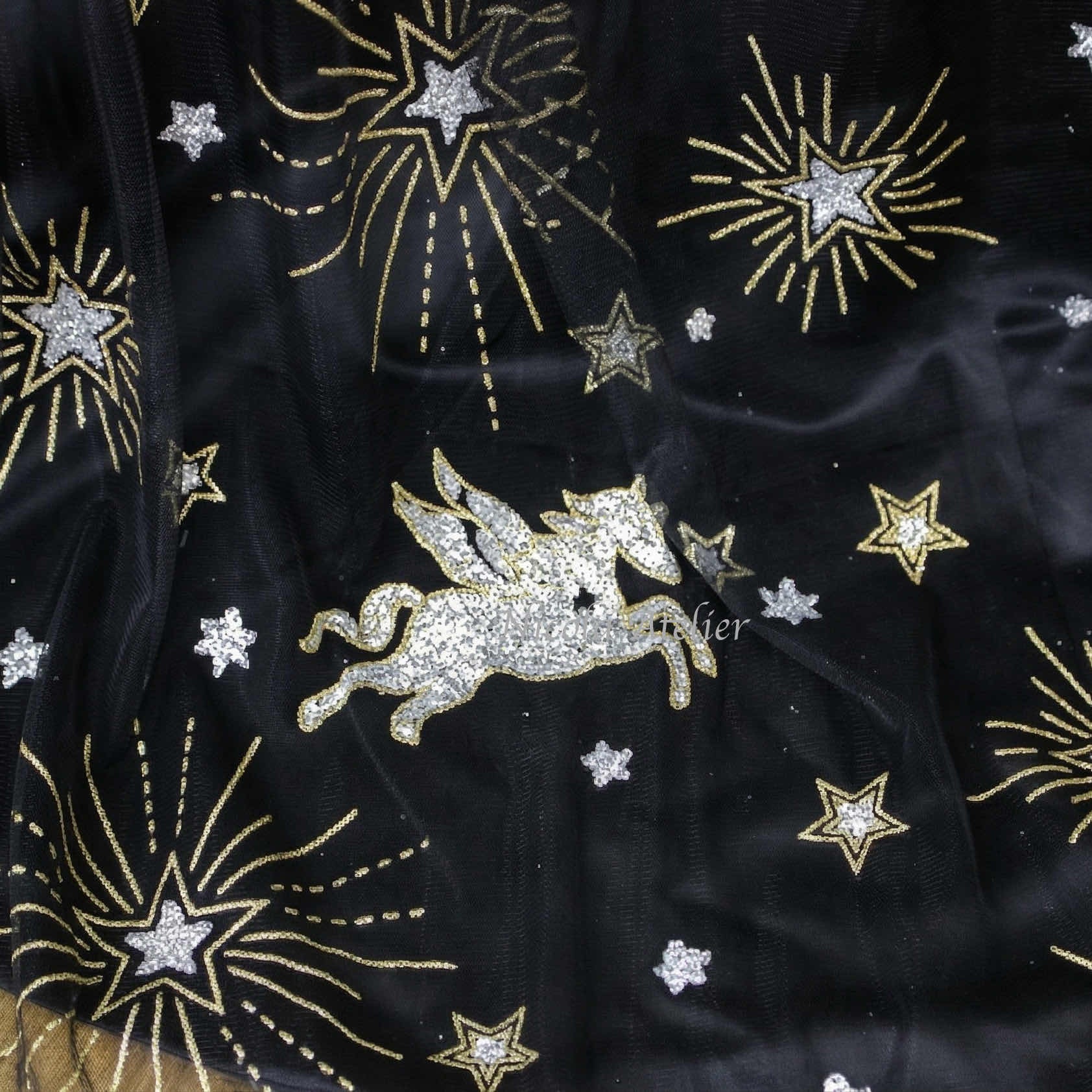 Close-up of celestial flying horse and star embroidery. Sheer black tulle with silver pegasus sequins.