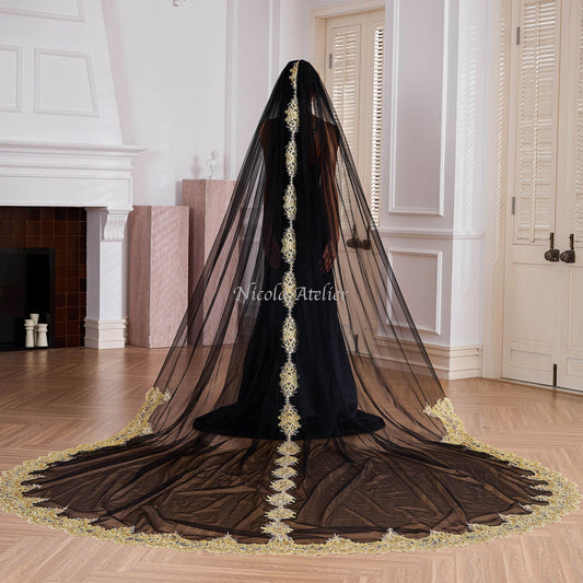 Full length back view of single tier black tulle veil with gold sequin edge Nicola Xu Atelier