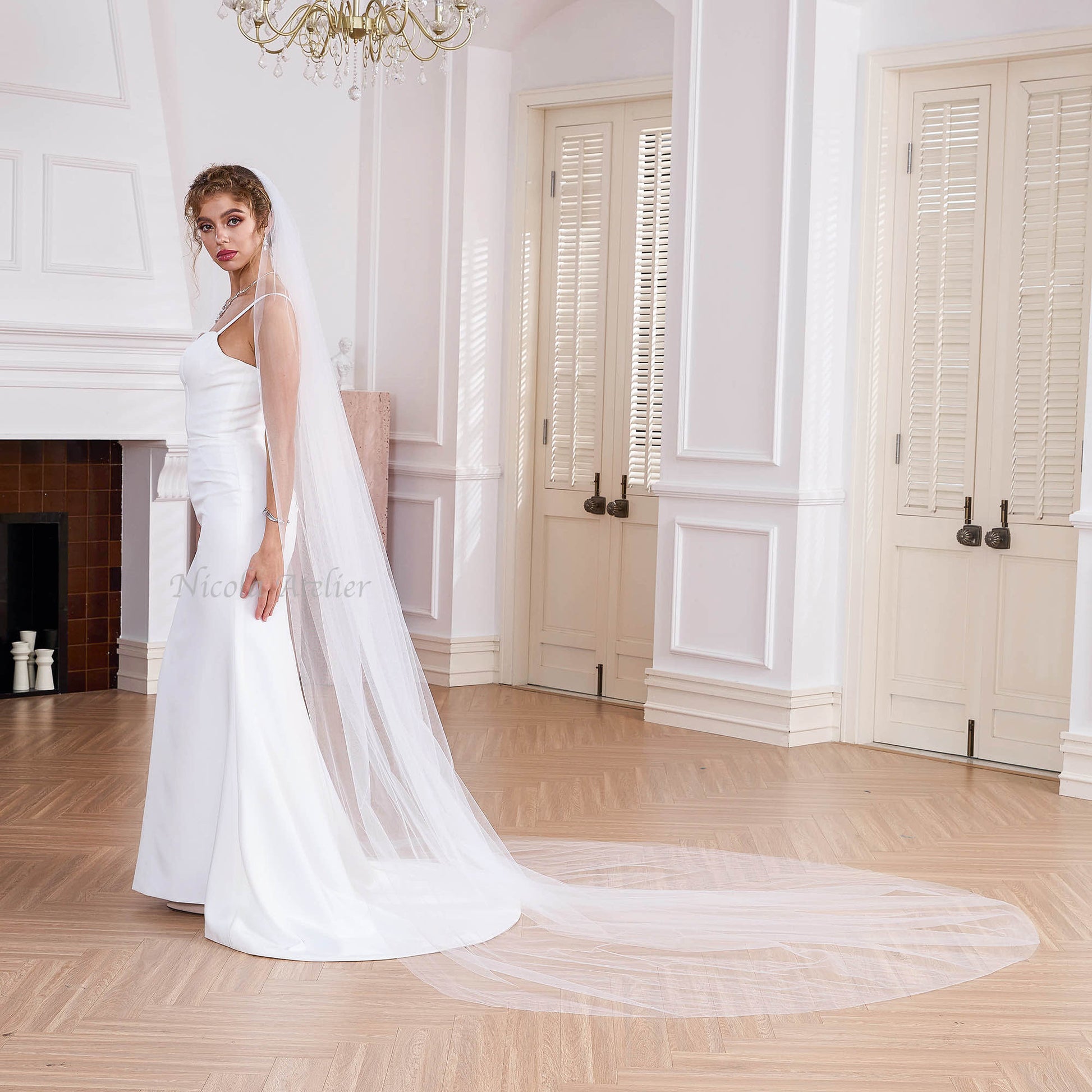 Side profile of bride with cascading 3.5m cathedral veil, dramatic wedding trail